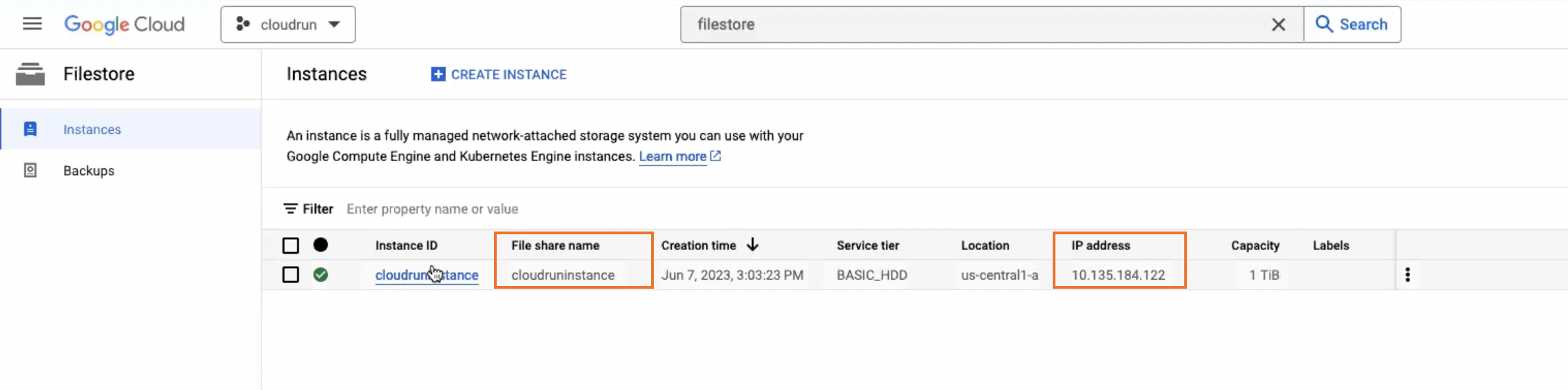 File share name and IP address of the filestore instance